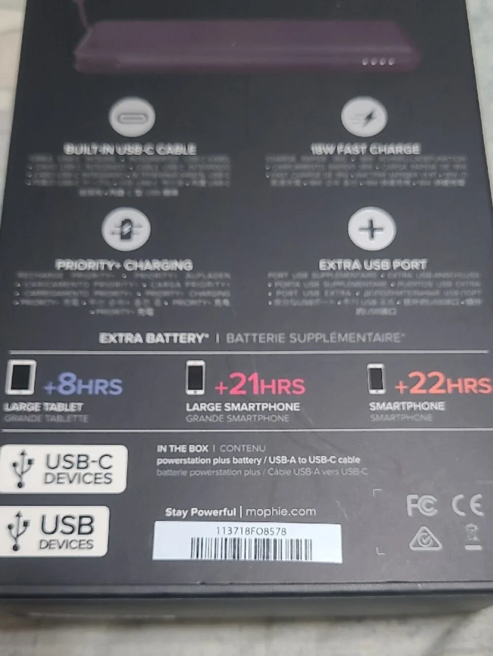 Mophie Powerstation Plus Portable Charger -Black +22HRS USB-C PD+ EXTRA USB PORT